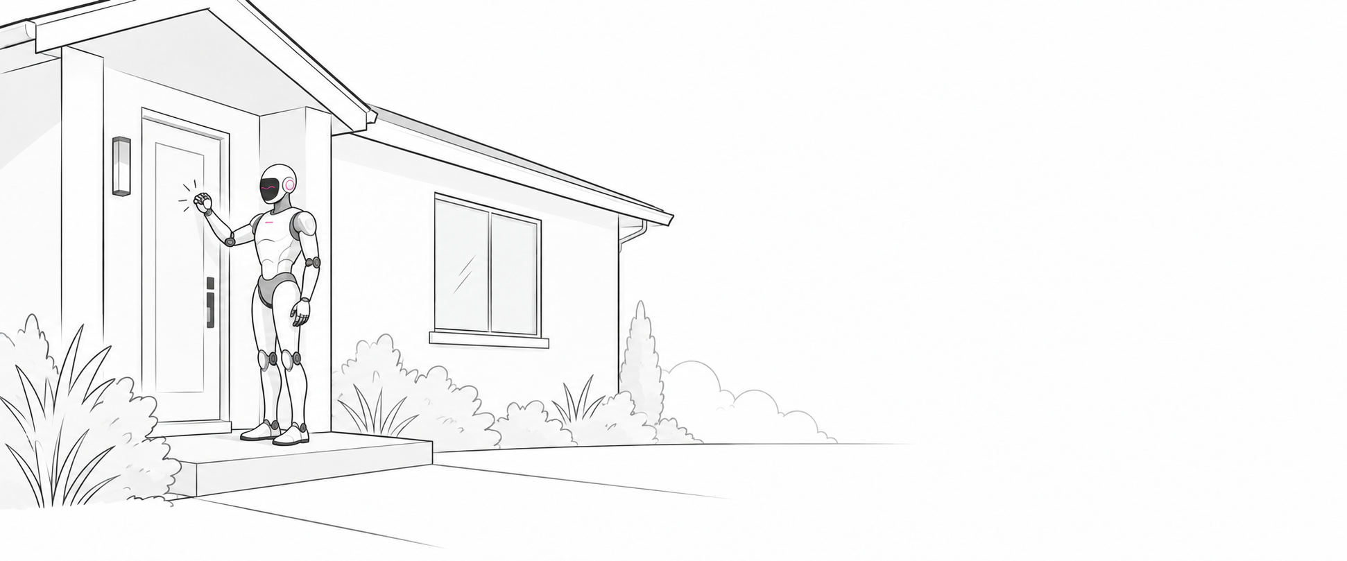 A friendly humanoid AI assistant knocking at the front door of a sketched modern home